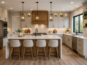 Modern kitchen cabinet ideas featuring shaker cabinets, natural wood finishes, quartz countertops, smart storage solutions, and contemporary kitchen design.