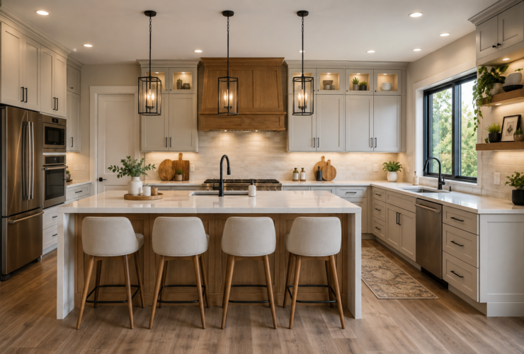 Modern kitchen cabinet ideas featuring shaker cabinets, natural wood finishes, quartz countertops, smart storage solutions, and contemporary kitchen design.