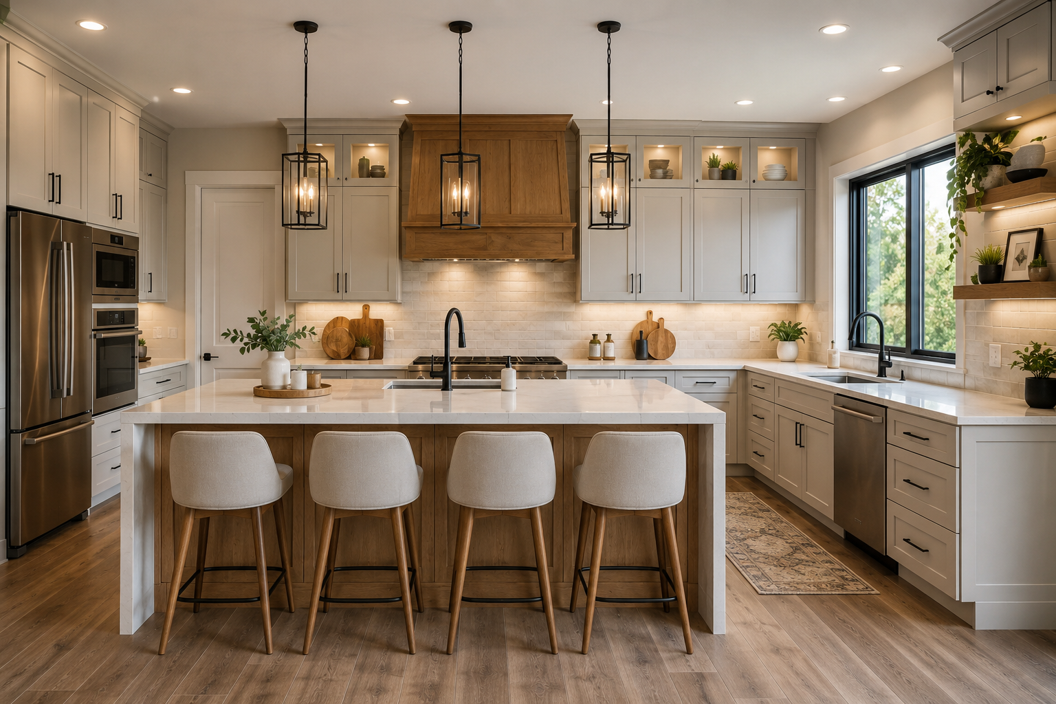 Modern kitchen cabinet ideas featuring shaker cabinets, natural wood finishes, quartz countertops, smart storage solutions, and contemporary kitchen design.
