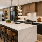 Modern kitchen countertop ideas featuring quartz countertops, waterfall island, natural wood cabinets, luxury kitchen design, and contemporary interior styling for 2026.