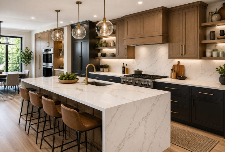 Modern kitchen countertop ideas featuring quartz countertops, waterfall island, natural wood cabinets, luxury kitchen design, and contemporary interior styling for 2026.