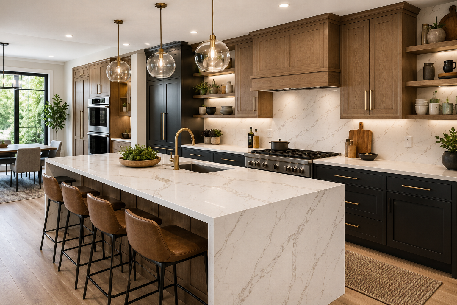 Modern kitchen countertop ideas featuring quartz countertops, waterfall island, natural wood cabinets, luxury kitchen design, and contemporary interior styling for 2026.
