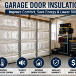 Garage door insulation installation showing insulated garage door panels, weather sealing, energy-efficient garage design, and modern home improvement upgrade.