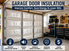 Garage door insulation installation showing insulated garage door panels, weather sealing, energy-efficient garage design, and modern home improvement upgrade.