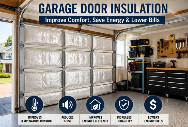 Garage door insulation installation showing insulated garage door panels, weather sealing, energy-efficient garage design, and modern home improvement upgrade.