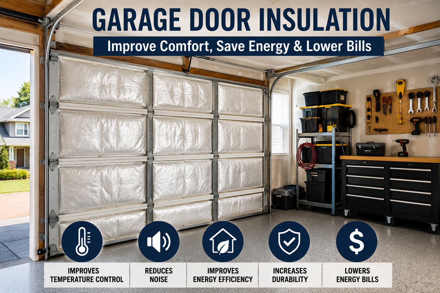 Garage door insulation installation showing insulated garage door panels, weather sealing, energy-efficient garage design, and modern home improvement upgrade.