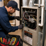 Professional HVAC technician performing furnace repair and maintenance on a residential heating system in a modern home utility room.