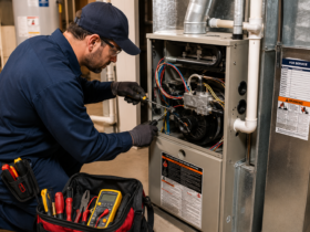 Professional HVAC technician performing furnace repair and maintenance on a residential heating system in a modern home utility room.