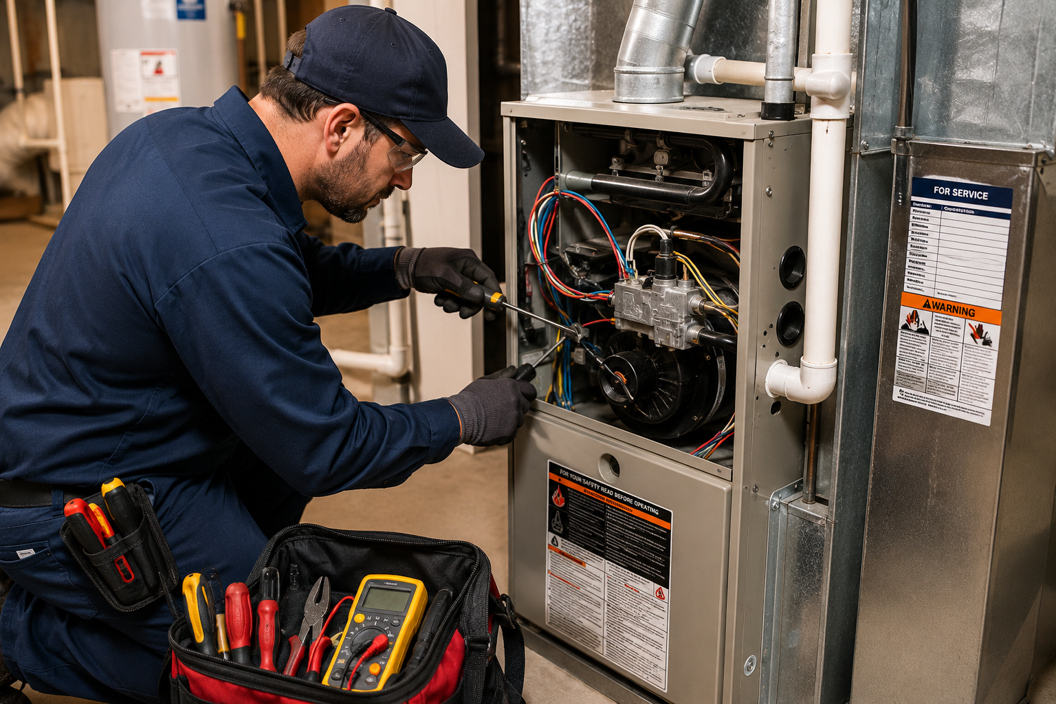 Professional HVAC technician performing furnace repair and maintenance on a residential heating system in a modern home utility room.