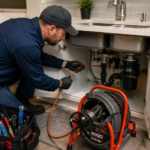 Professional plumber performing drain cleaning service using specialized equipment to remove clogs and restore proper plumbing flow in a residential home.