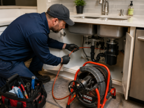 Professional plumber performing drain cleaning service using specialized equipment to remove clogs and restore proper plumbing flow in a residential home.
