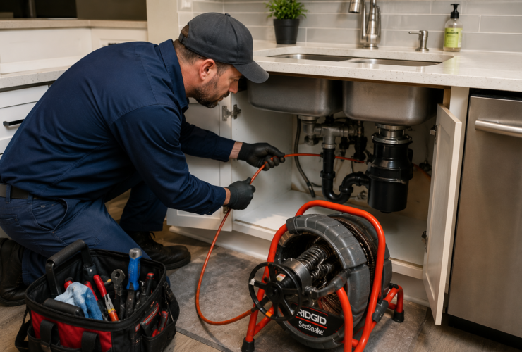 Professional plumber performing drain cleaning service using specialized equipment to remove clogs and restore proper plumbing flow in a residential home.