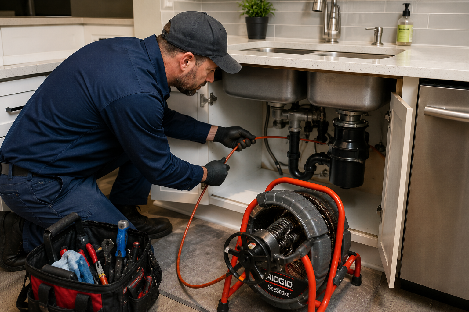 Professional plumber performing drain cleaning service using specialized equipment to remove clogs and restore proper plumbing flow in a residential home.