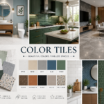 Collection of modern color tiles featuring gray, blue, green, beige, and white tile designs used in contemporary bathrooms, kitchens, and living spaces.