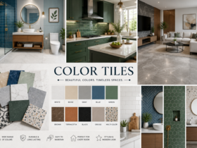 Collection of modern color tiles featuring gray, blue, green, beige, and white tile designs used in contemporary bathrooms, kitchens, and living spaces.