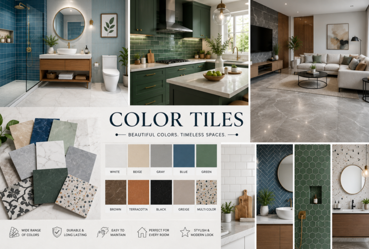 Collection of modern color tiles featuring gray, blue, green, beige, and white tile designs used in contemporary bathrooms, kitchens, and living spaces.