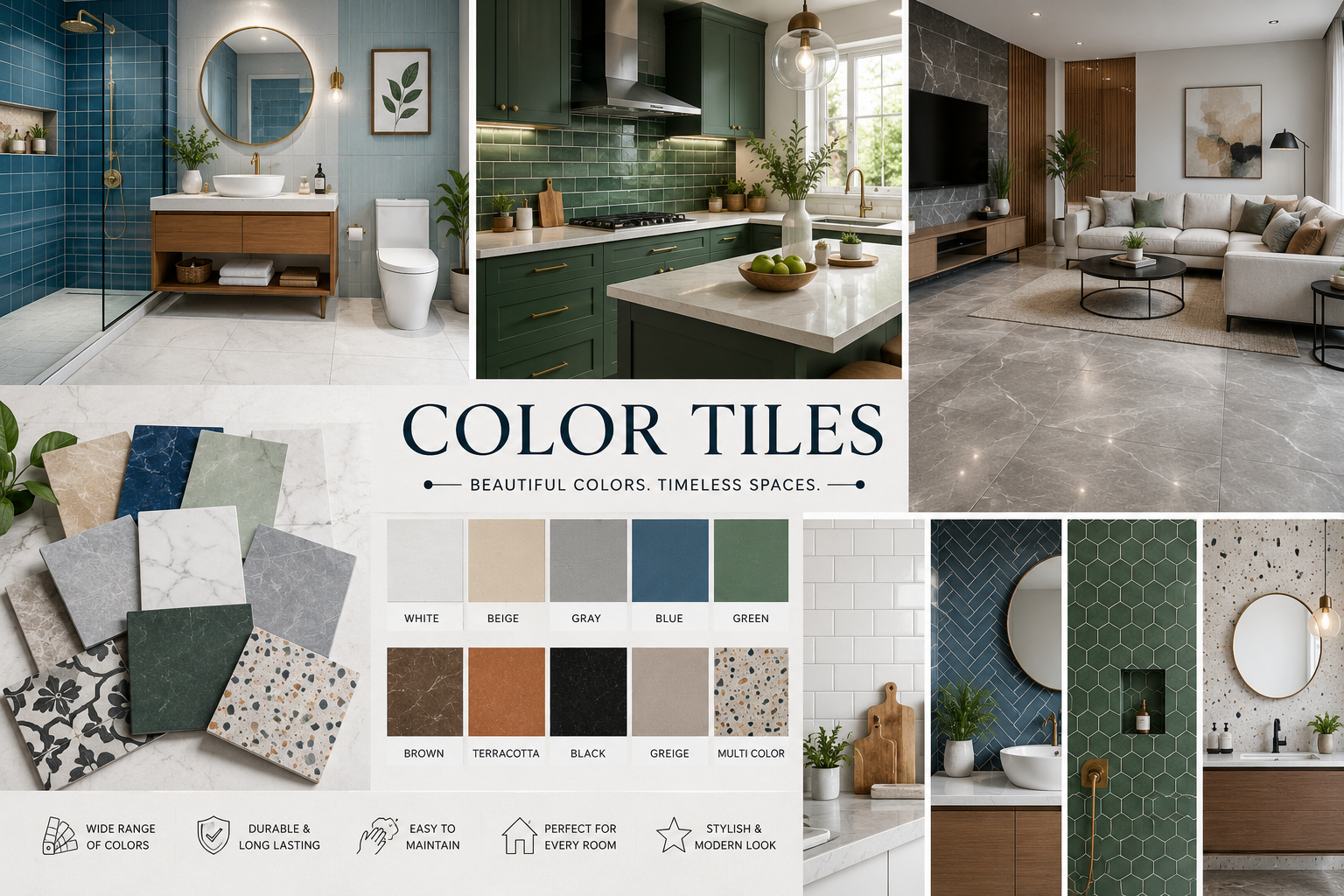 Collection of modern color tiles featuring gray, blue, green, beige, and white tile designs used in contemporary bathrooms, kitchens, and living spaces.
