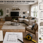 Interior designer measuring a living room for furniture placement using a tape measure and floor plan to ensure proper furniture sizing and room layout.