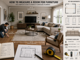 Interior designer measuring a living room for furniture placement using a tape measure and floor plan to ensure proper furniture sizing and room layout.