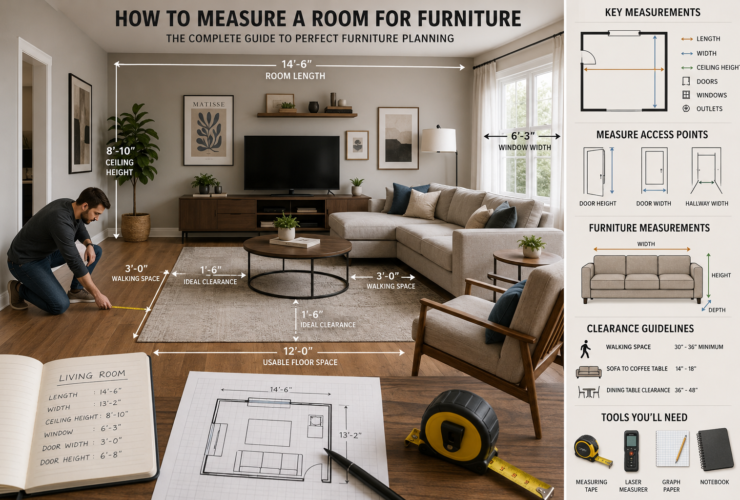 Interior designer measuring a living room for furniture placement using a tape measure and floor plan to ensure proper furniture sizing and room layout.