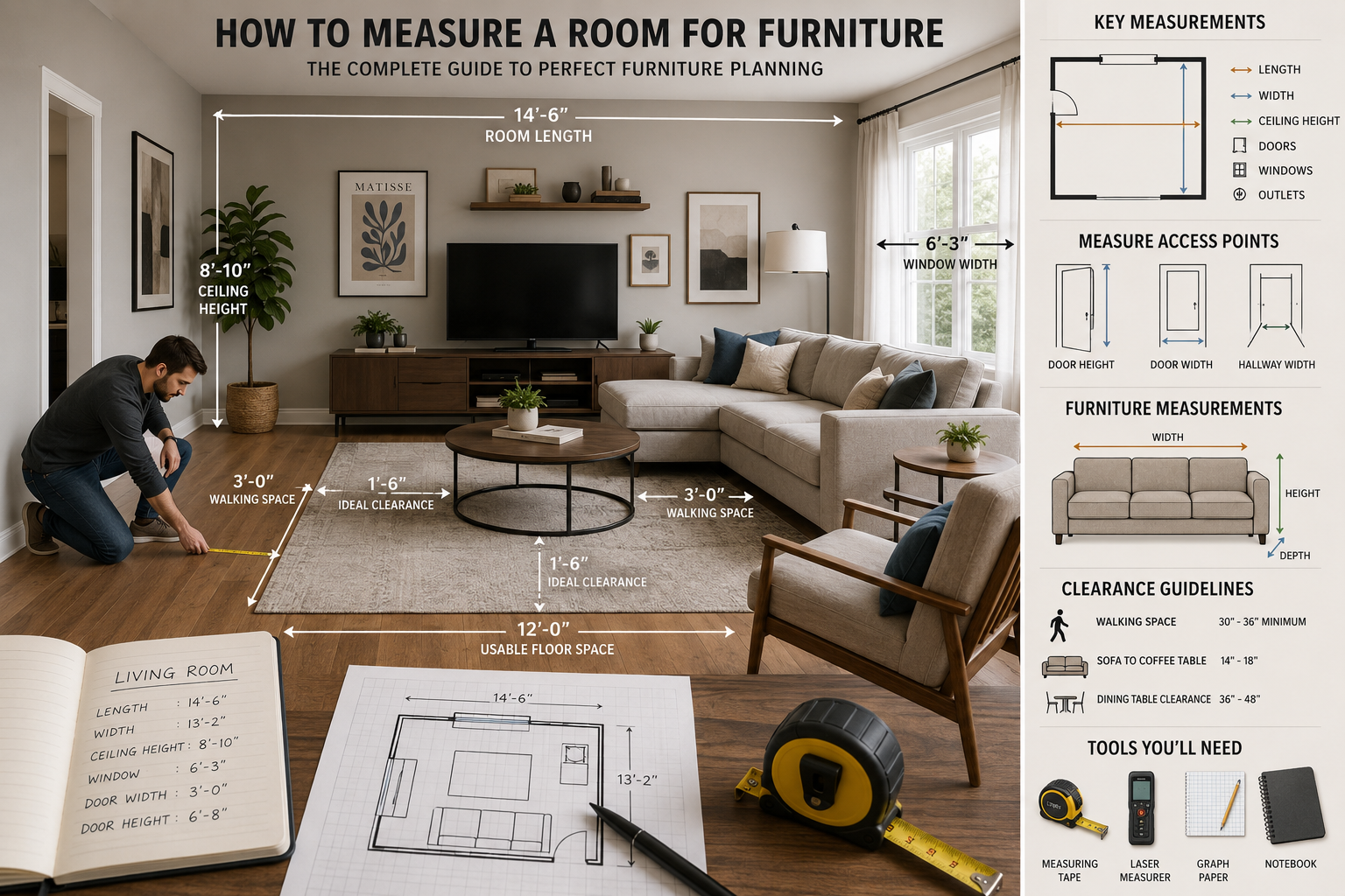 Interior designer measuring a living room for furniture placement using a tape measure and floor plan to ensure proper furniture sizing and room layout.