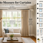 Interior designer measuring a window for curtains using a tape measure while planning curtain rod placement and custom window treatments in a modern home.