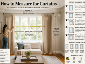 Interior designer measuring a window for curtains using a tape measure while planning curtain rod placement and custom window treatments in a modern home.
