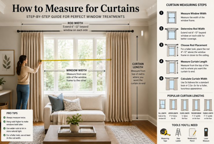 Interior designer measuring a window for curtains using a tape measure while planning curtain rod placement and custom window treatments in a modern home.