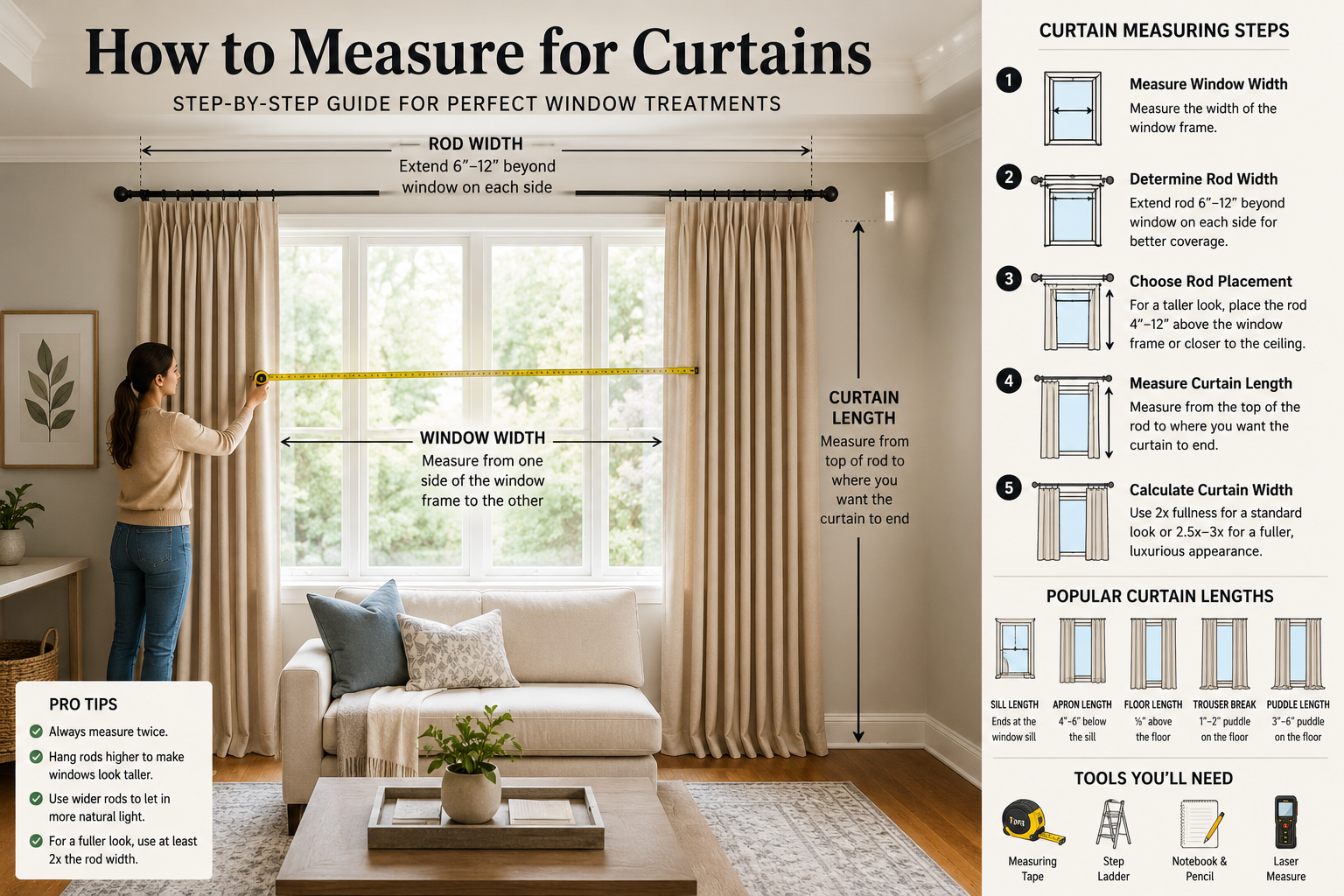 Interior designer measuring a window for curtains using a tape measure while planning curtain rod placement and custom window treatments in a modern home.