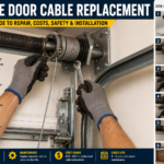 Professional technician performing garage door cable replacement on a residential garage door with visible torsion springs and lifting cables.
