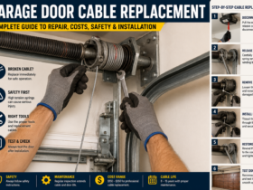 Professional technician performing garage door cable replacement on a residential garage door with visible torsion springs and lifting cables.