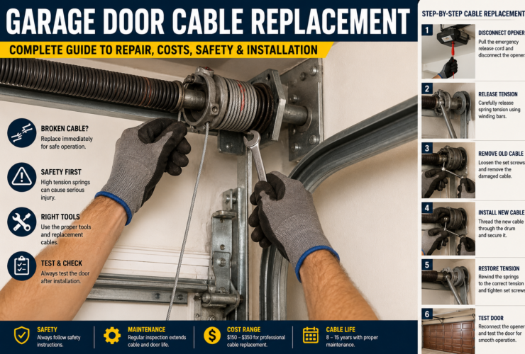 Professional technician performing garage door cable replacement on a residential garage door with visible torsion springs and lifting cables.