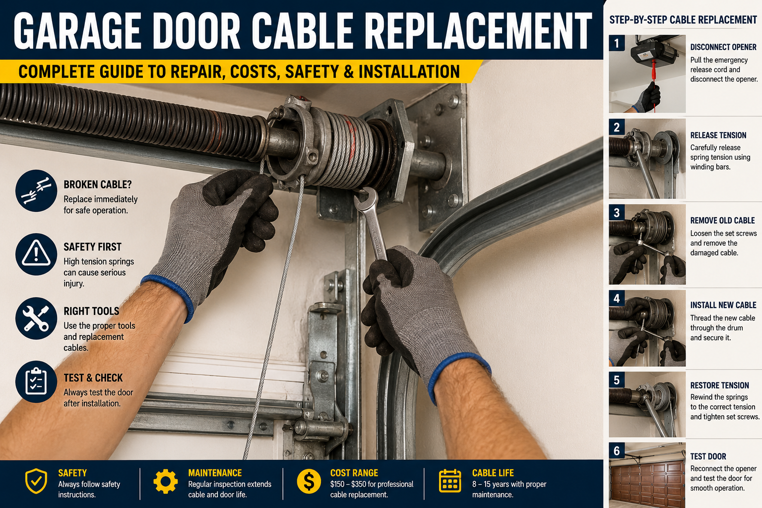Professional technician performing garage door cable replacement on a residential garage door with visible torsion springs and lifting cables.