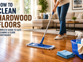 Homeowner cleaning hardwood floors with a microfiber mop in a bright modern living room with polished natural wood flooring.