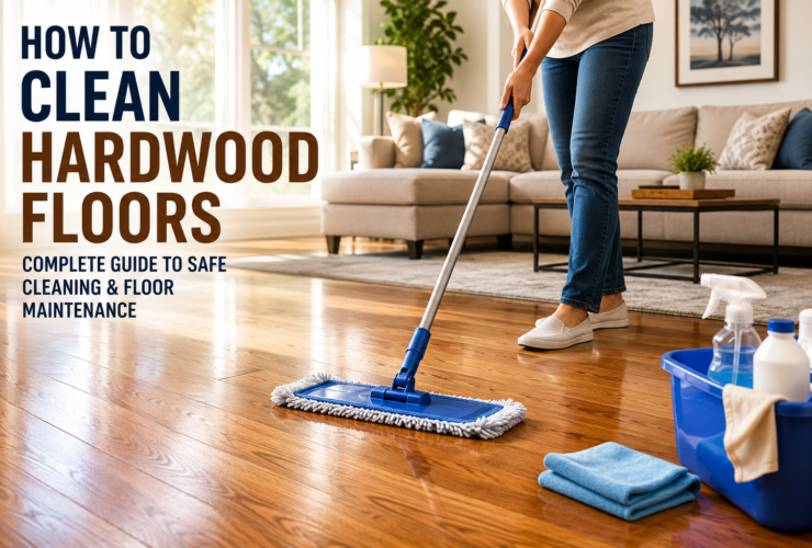 Homeowner cleaning hardwood floors with a microfiber mop in a bright modern living room with polished natural wood flooring.