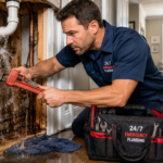 Professional emergency plumber repairing a burst pipe and controlling a water leak during an emergency plumbing service call in a residential home.