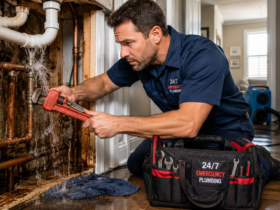 Professional emergency plumber repairing a burst pipe and controlling a water leak during an emergency plumbing service call in a residential home.