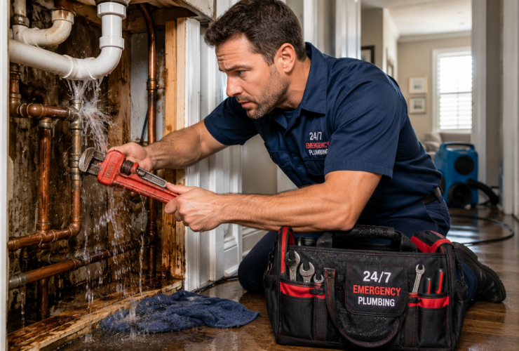 Professional emergency plumber repairing a burst pipe and controlling a water leak during an emergency plumbing service call in a residential home.