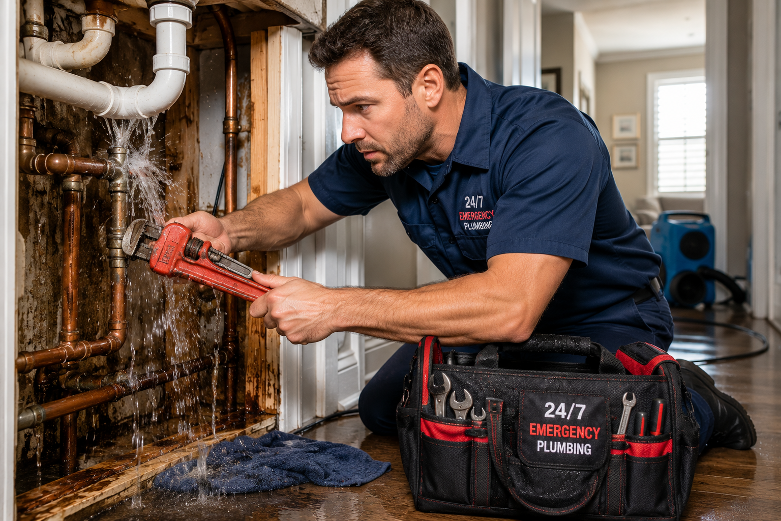 Professional emergency plumber repairing a burst pipe and controlling a water leak during an emergency plumbing service call in a residential home.