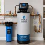 Whole-house saltless water softener installed in a residential utility room with modern water conditioning and plumbing equipment.