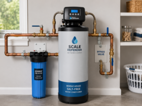 Whole-house saltless water softener installed in a residential utility room with modern water conditioning and plumbing equipment.