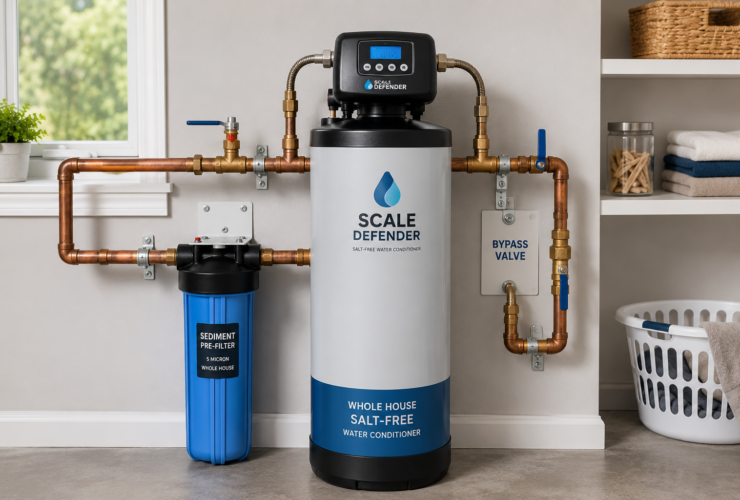 Whole-house saltless water softener installed in a residential utility room with modern water conditioning and plumbing equipment.