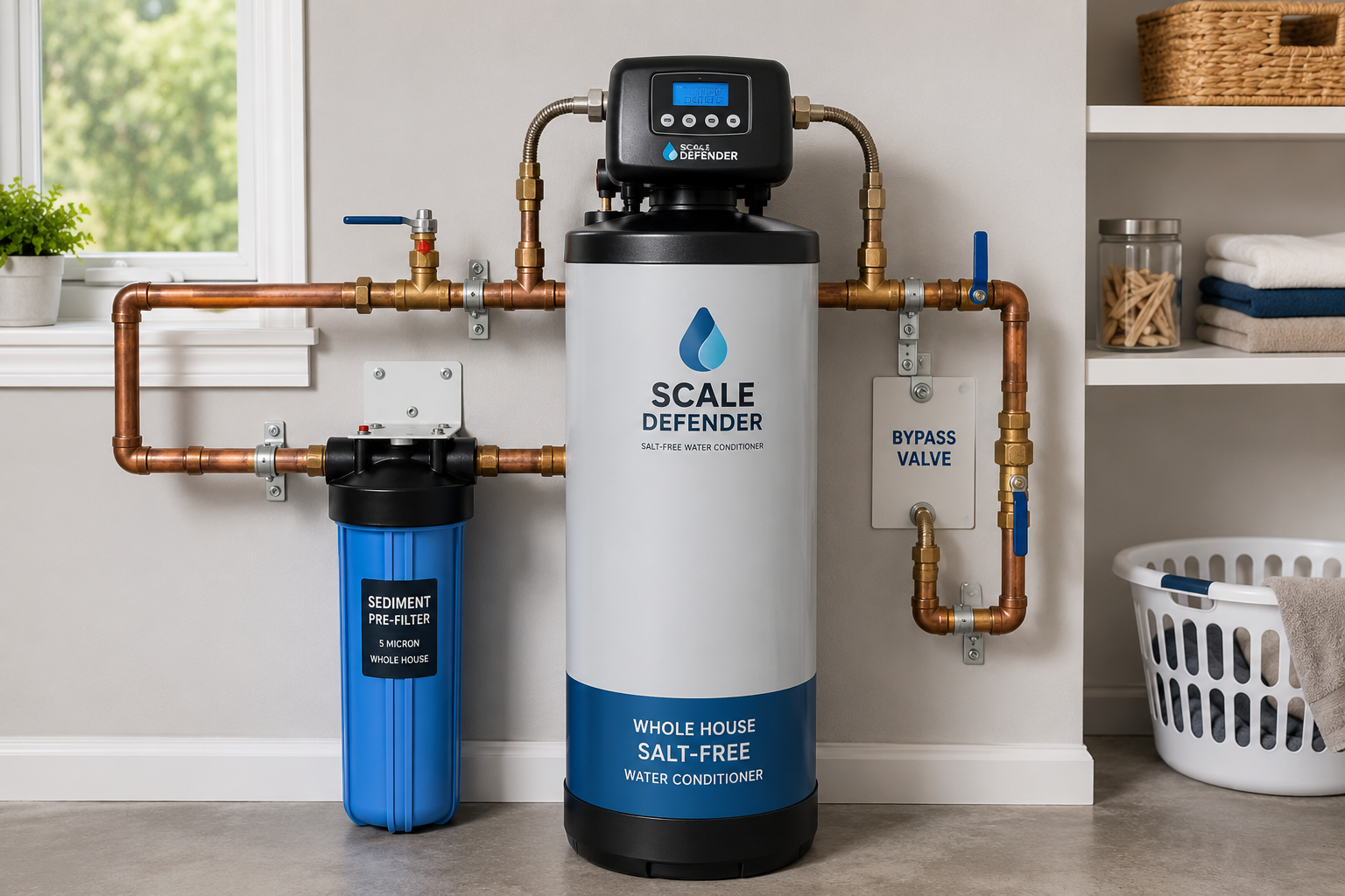 Whole-house saltless water softener installed in a residential utility room with modern water conditioning and plumbing equipment.