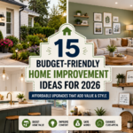 Affordable home improvement upgrades including fresh paint, LED lighting, modern kitchen cabinets, and landscaping ideas