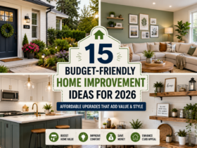 Affordable home improvement upgrades including fresh paint, LED lighting, modern kitchen cabinets, and landscaping ideas
