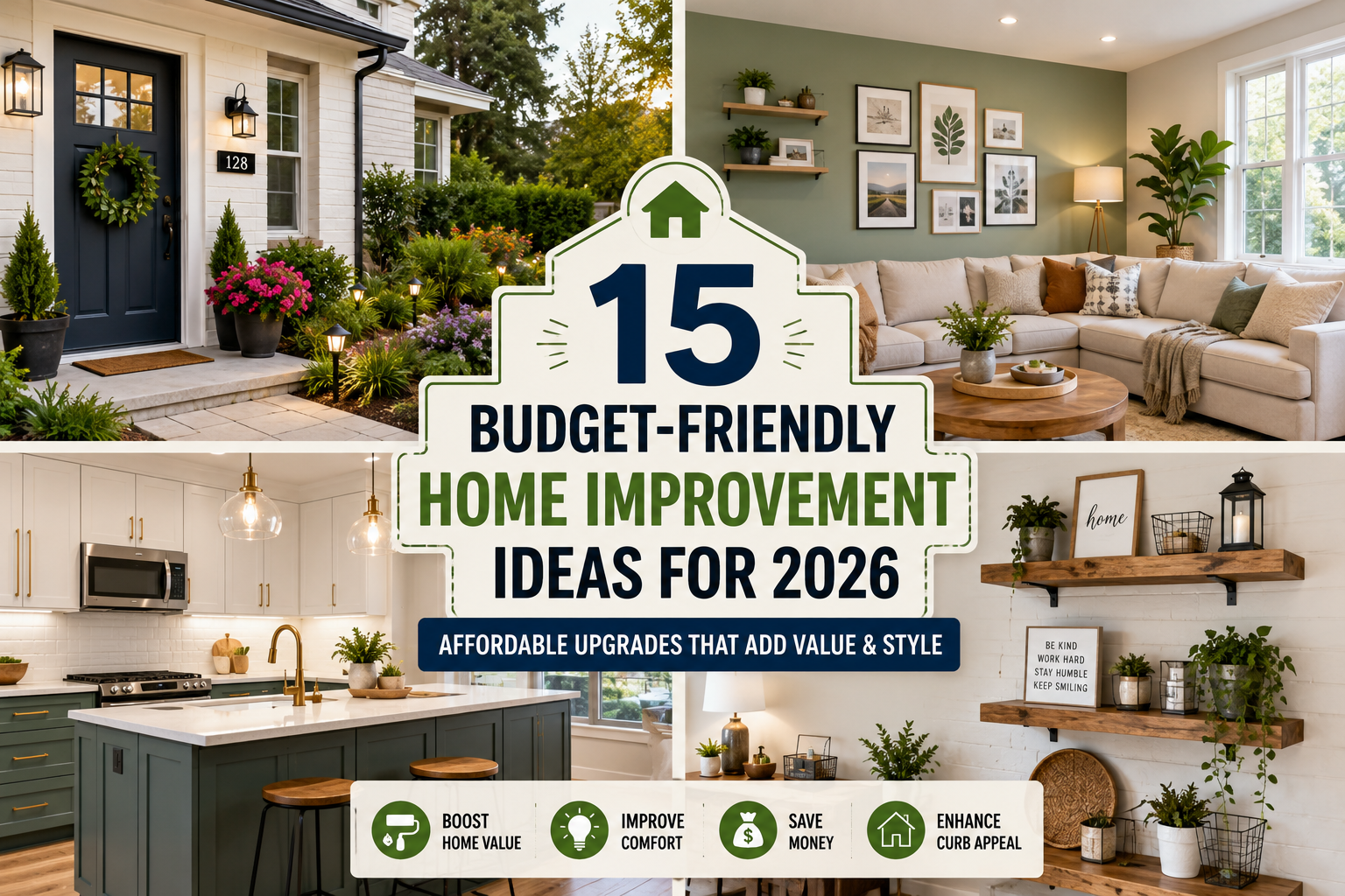 Affordable home improvement upgrades including fresh paint, LED lighting, modern kitchen cabinets, and landscaping ideas