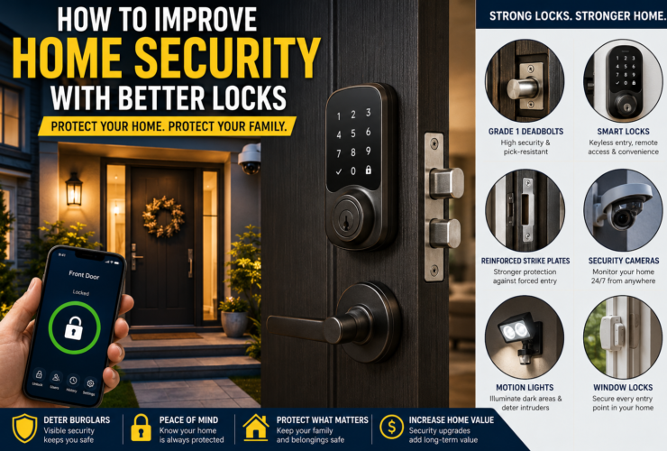 How to improve home security with better locks including smart locks, deadbolts, and reinforced front doors
