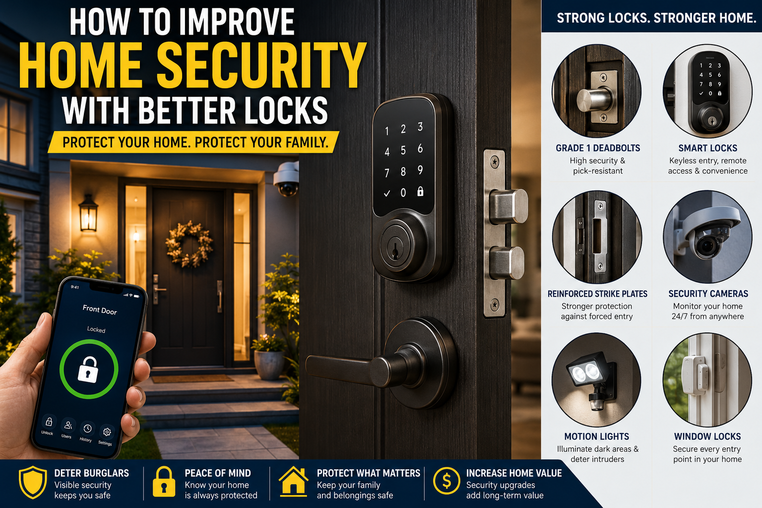 How to improve home security with better locks including smart locks, deadbolts, and reinforced front doors