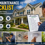 Home maintenance checklist infographic showing a homeowner inspecting a modern house while holding a maintenance checklist. The image highlights essential home maintenance tasks including roof inspection, gutter cleaning, HVAC servicing, plumbing checks, smoke detector testing, and home security system maintenance to protect property value and prevent costly repairs.