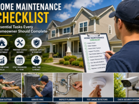 Home maintenance checklist infographic showing a homeowner inspecting a modern house while holding a maintenance checklist. The image highlights essential home maintenance tasks including roof inspection, gutter cleaning, HVAC servicing, plumbing checks, smoke detector testing, and home security system maintenance to protect property value and prevent costly repairs.